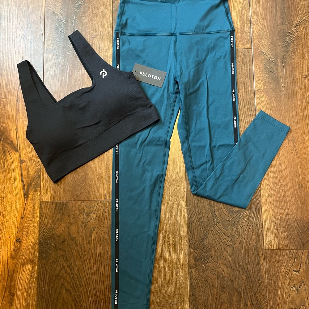 Peloton Activewear Set: Black Top & Teal Bottoms